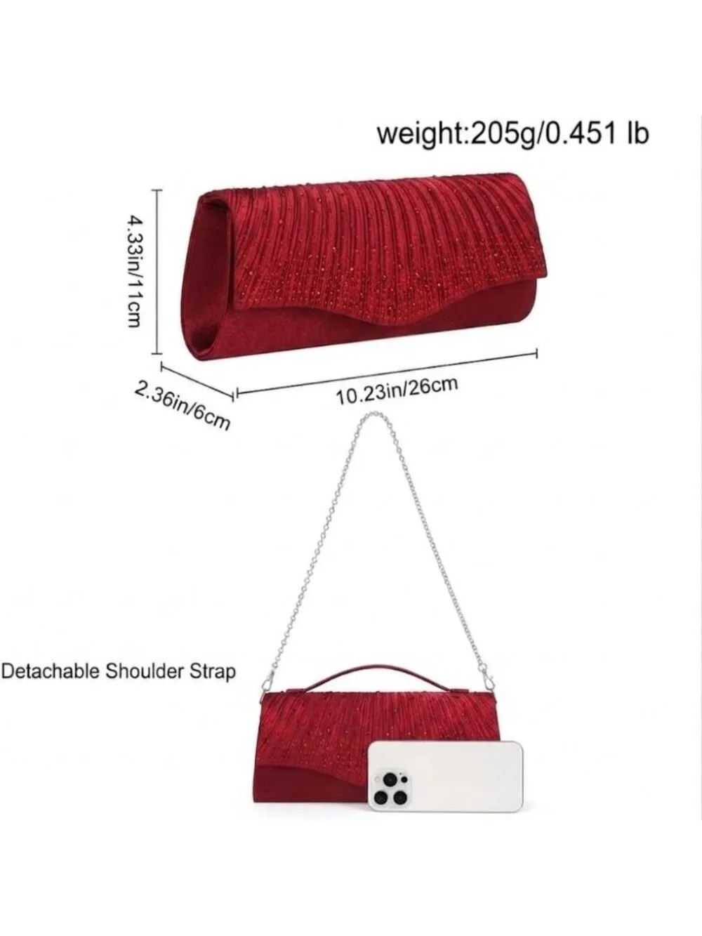 👜 Women's Red Dent-Proof Pleated Rhinestone Formal Evening Bag with Chain